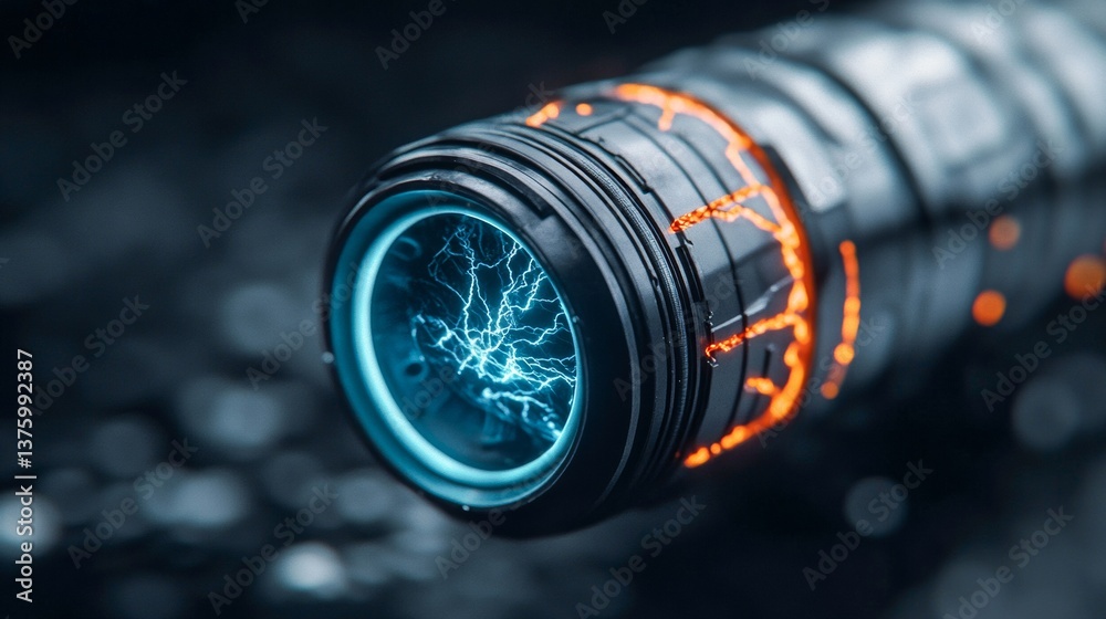 Unique flashlight design showcasing intricate details and electric light effects on a dark background during evening hours