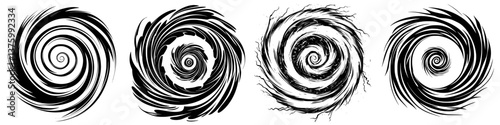 Swirling patterns resembling vortex effects displayed from left to right, showcasing dynamic movement and artistic design in black ink