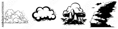Various styles of cloud illustrations depicting different weather and atmospheric conditions