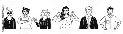 A set of vector people in the doodle style. Young diverse people, men and women. Contoured linear black and white graphics