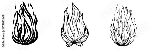 Creative illustrations of flames and fire in various styles showcasing dynamic movement and energy