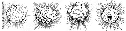 Comic style explosion effects depicted in sequential art showing different shapes and sizes of blasts