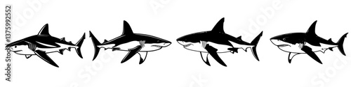 Sharks swimming in a line showcasing their sleek bodies and powerful fins under water