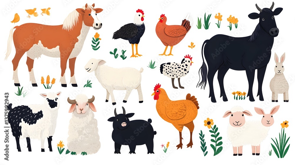 Obraz premium Professional Set of Farm Animals: Horse, Cow, Hen, Domestic Livestock for Agricultural Use