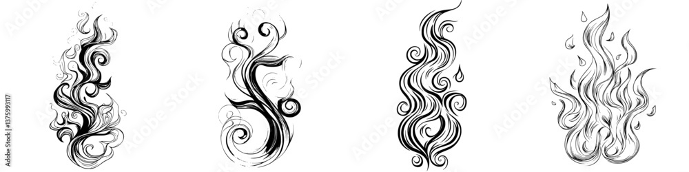 Abstract black and white swirling designs representing flame and smoke in creative patterns
