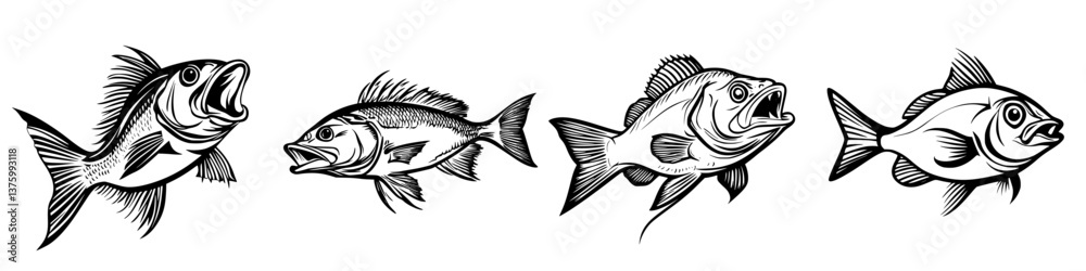 Four distinct fish designs showcasing various species with exaggerated expressions, ideal for artistic projects or illustrations Four distinct fish designs showcasing various species with exaggerated expressions, ideal for artistic projects or illustrations