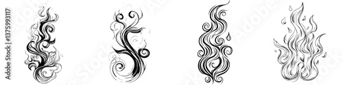 Abstract black and white swirling designs representing flame and smoke in creative patterns