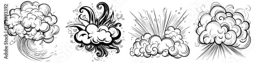Creative cloud illustrations showcasing various shapes and textures in a dynamic style