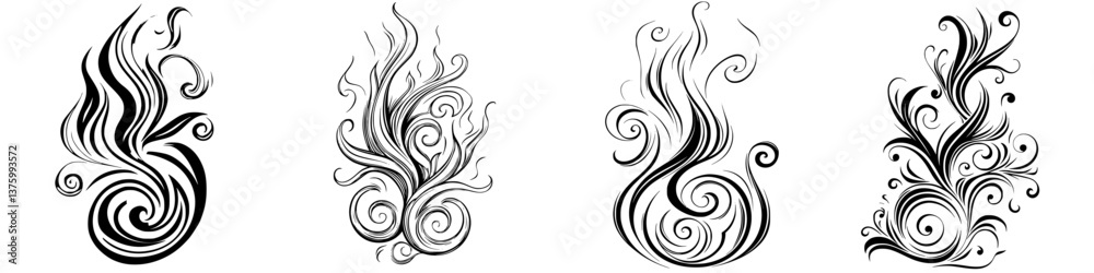 Decorative black and white swirl designs symbolize motion and elegance in floral motifs Decorative black and white swirl designs symbolize motion and elegance in floral motifs