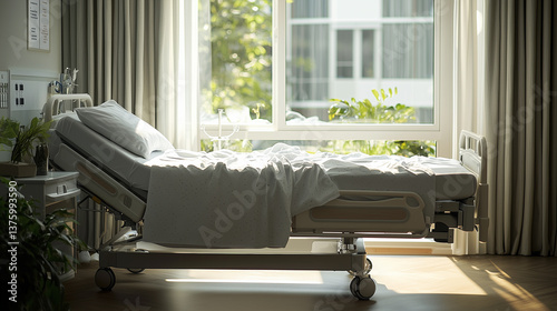 empty hospital bed in hospital, A hospital room with a hospital bed. The room is bright and sterile, with a large window letting in natural light, generative ai