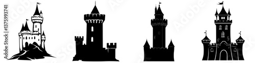 Silhouettes of various castle designs set against a plain background, showcasing classic architectural elements and tower styles