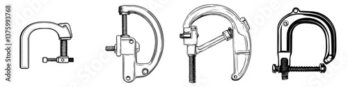 Various types of C-clamps displayed on a light background showcasing their designs and mechanisms