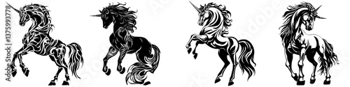 Unique unicorn designs illustrated in black and white showcasing intricate details and dynamic poses