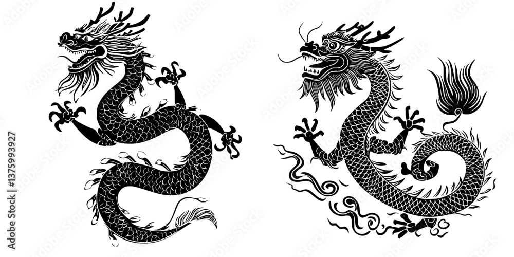 Two traditional Chinese dragons in dynamic poses, representing strength and good luck in folklore and art Two traditional Chinese dragons in dynamic poses, representing strength and good luck in folklore and art