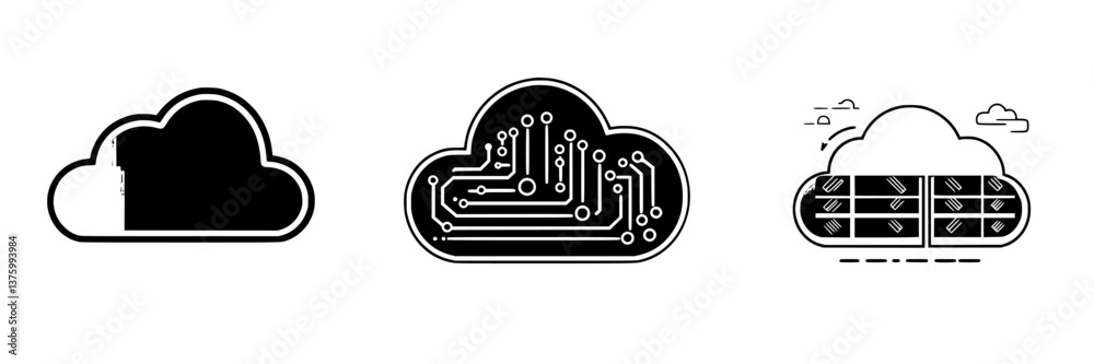 Symbols representing cloud computing technology with digital elements and circuit designs against a simple background Symbols representing cloud computing technology with digital elements and circuit designs against a simple background