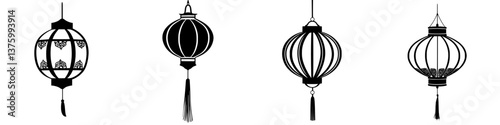 Traditional lantern designs displayed in a symmetrical arrangement showcasing intricate details and craftsmanship