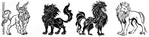 Artistic representations of mythical creatures featuring elaborate designs and varying styles in black and white