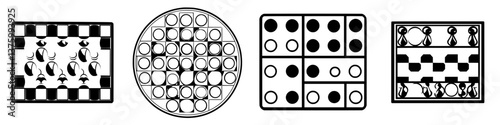 Patterns and designs of various game boards displayed in black and white on a flat surface