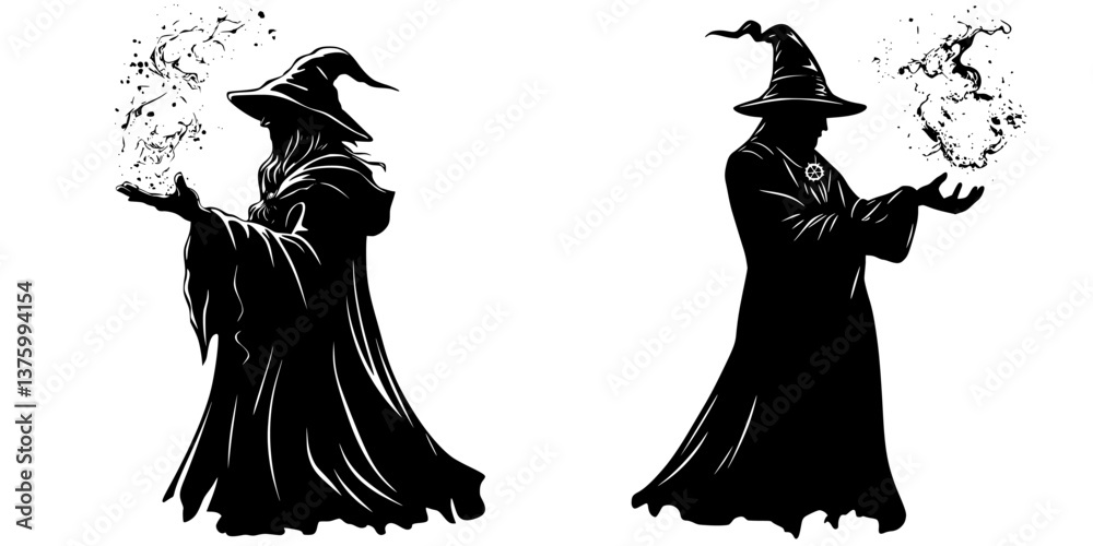 Two wizards casting spells with magic smoke swirling around their hands in a mystical setting