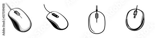 Different designs of a computer mouse shown from various angles in a simple illustration