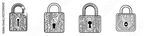 Digital locks with circuit designs representing cybersecurity and modern protection methods in technology