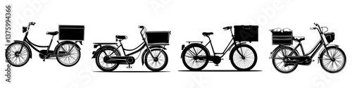 Different types of delivery bikes lined up for urban transportation in a modern city setting