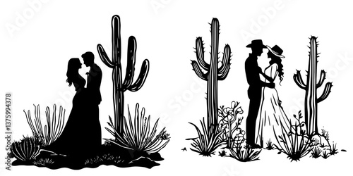 Couples in love surrounded by cacti at sunset in a romantic desert setting