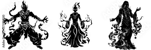 Figures of fire manipulating flames in an artistic representation of elemental magic and mystique