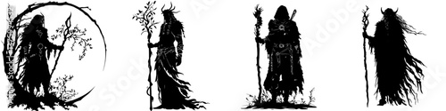 Mysterious figures in dark silhouettes evoke ancient forest magic and mystical energy during twilight hours