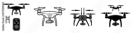 Different types of drone designs and remote controllers displayed together in a versatile arrangement