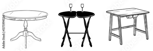 Different styles of tables displayed in a row, showcasing diverse designs and functionalities for dining or serving