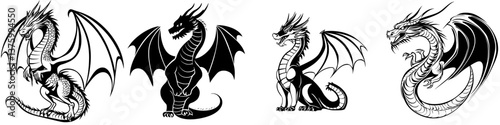 Collection of detailed dragon illustrations showcasing various poses and styles in black and white line art