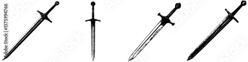 Different styles of medieval swords displayed on a plain background showcasing the diversity in blade design and craftsmanship