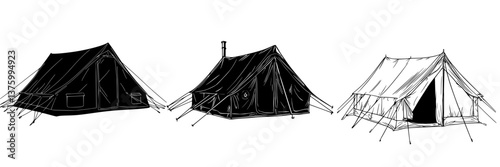 Different styles of camping tents set up in an outdoor location during a sunny day