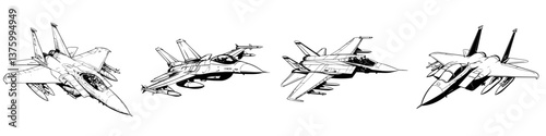 Four detailed sketches of fighter jets showcasing various designs and angles in a technical style