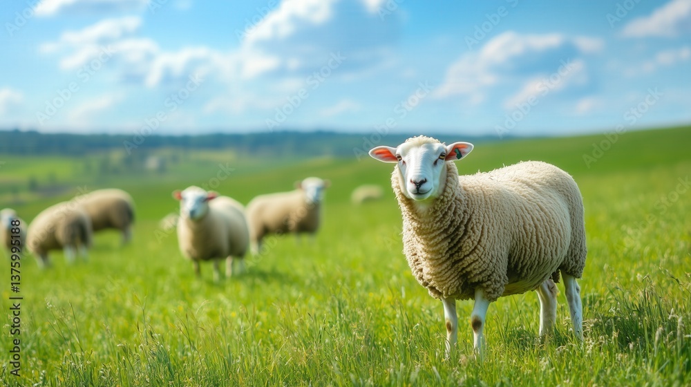 A flock of sheep grazing peacefully on a lush green pasture, capturing rural charm and the essence of sustainable farming A flock of sheep grazing peacefully on a lush green pasture, capturing rural charm and the essence of sustainable farming