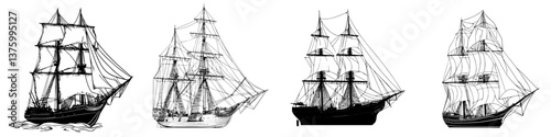Different styles of historic sailing ships showcasing naval architecture and craftsmanship