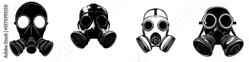 Four distinct styles of gas masks displayed against a plain background, showcasing versatility and design differences related to safety equipment