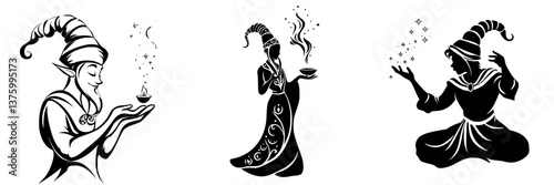 Magical characters cast enchanting spells with candles and cups during a mystical event at twilight