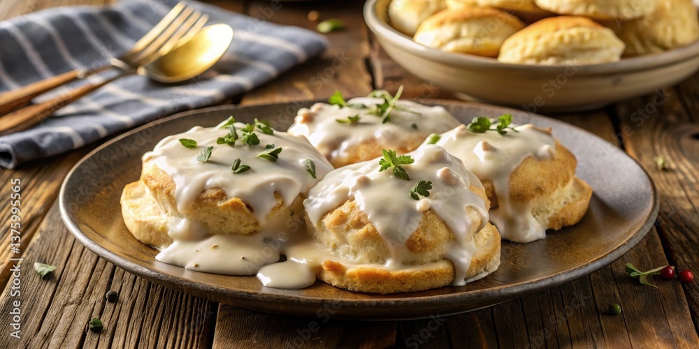homestyle biscuits and gravy on a rustic plate with golden brown edges and savory sauce homestyle biscuits and gravy on a rustic plate with golden brown edges and savory sauce