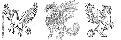 Artistic depiction of mythical creatures showcasing different styles of griffins with intricate details and dynamic poses