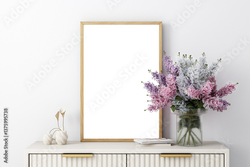 Frame mockup with violet flowers on the table, 3d render
