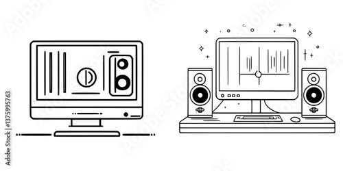 Modern computer setups featuring speakers and monitors in a minimalist design for creative work