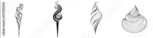 Whimsical swirl designs of ice cream cones showcasing different shapes and styles in black and white illustration
