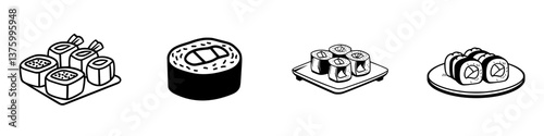 Variety of sushi rolls arranged on different plates showcasing unique styles and presentations