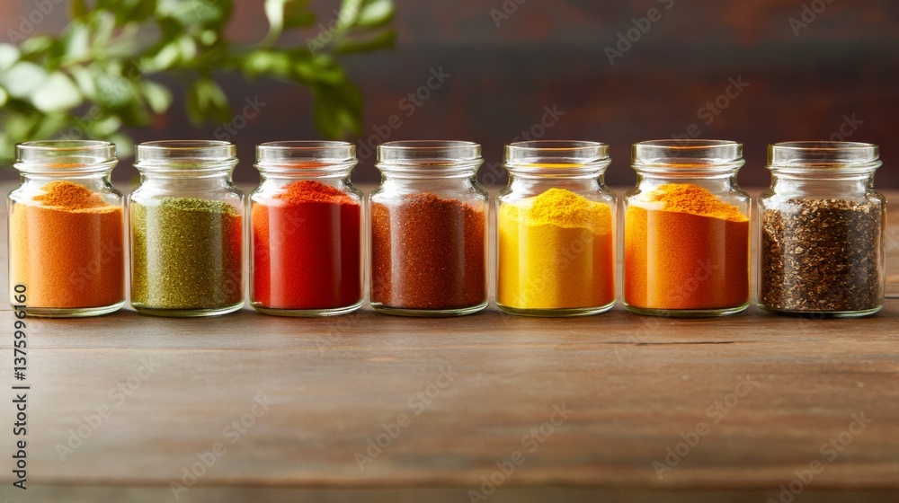 Colorful array of spices displayed in glass jars on rustic wooden table