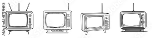 Vintage television sets showcased in a creative design featuring classic styles and shapes from different eras