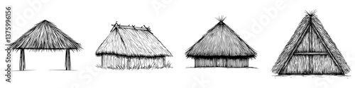 Various styles of traditional thatched huts depicted in a black and white illustration showcasing historical architecture and cultural heritage