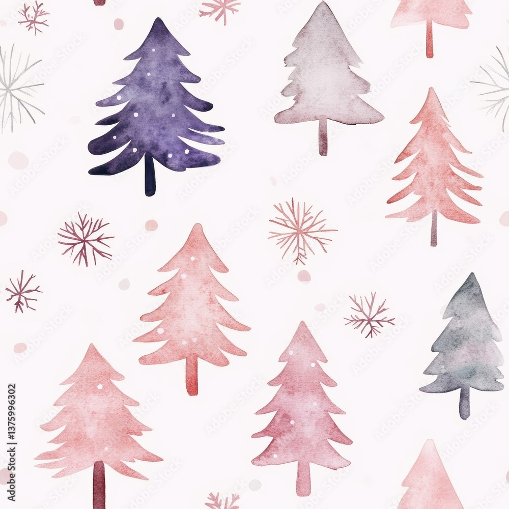 Obraz premium Watercolor Christmas Tree Pattern with Snowflakes and Stars Design