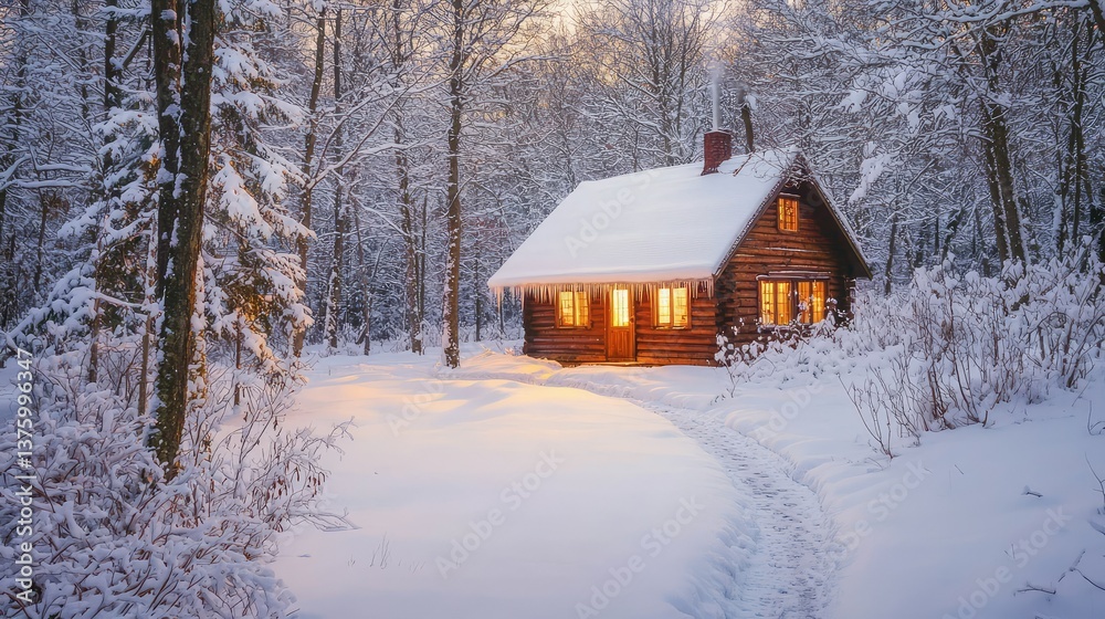 Naklejka premium A cozy wooden cabin covered in a thick layer of snow, nestled in a quiet winter forest.